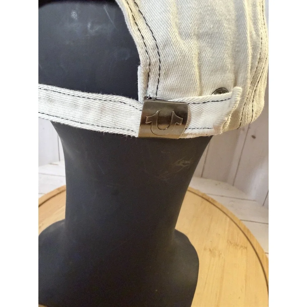 True Religion Y2k White Buddha Logo Distressed Frayed Strapback Hat Adjustable *